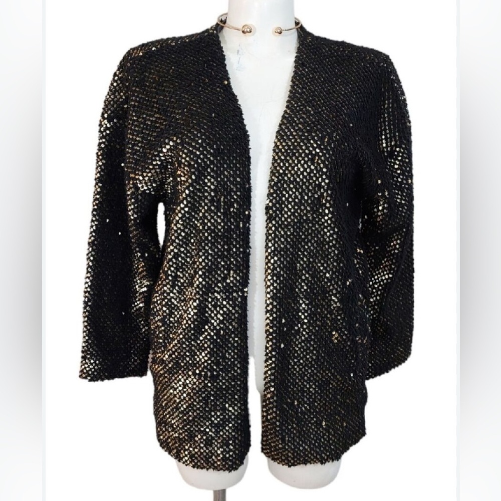 Express black fleece and gold sequins cardigan sweater size Small petite